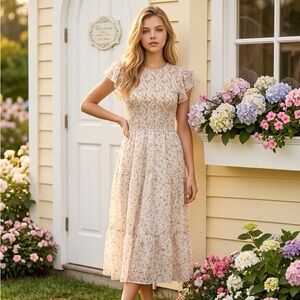 New - S-Deer; Light Beige Floral Midi Dress with Flutter Sleeves